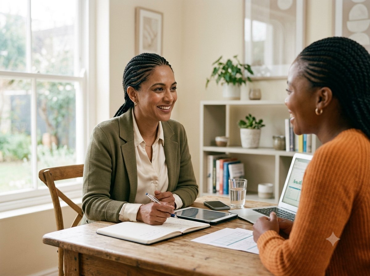 Debt counsellor discussing a financial plan with a client